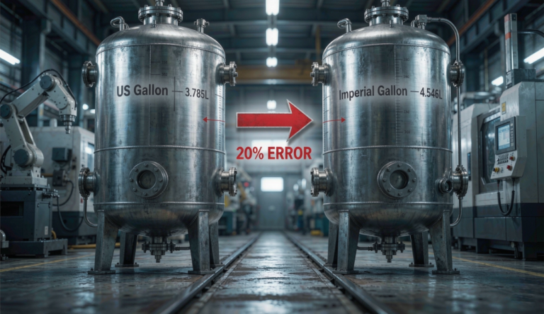 Comparison of US liquid gallon and imperial gallon industrial fluid tanks showing a 20% volume capacity error risk.